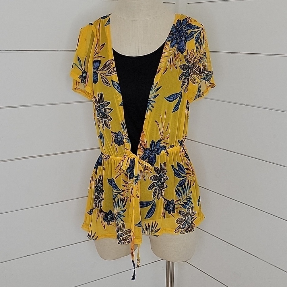 NY Collection medium yellow floral sheer overlay to black stretchy camisole